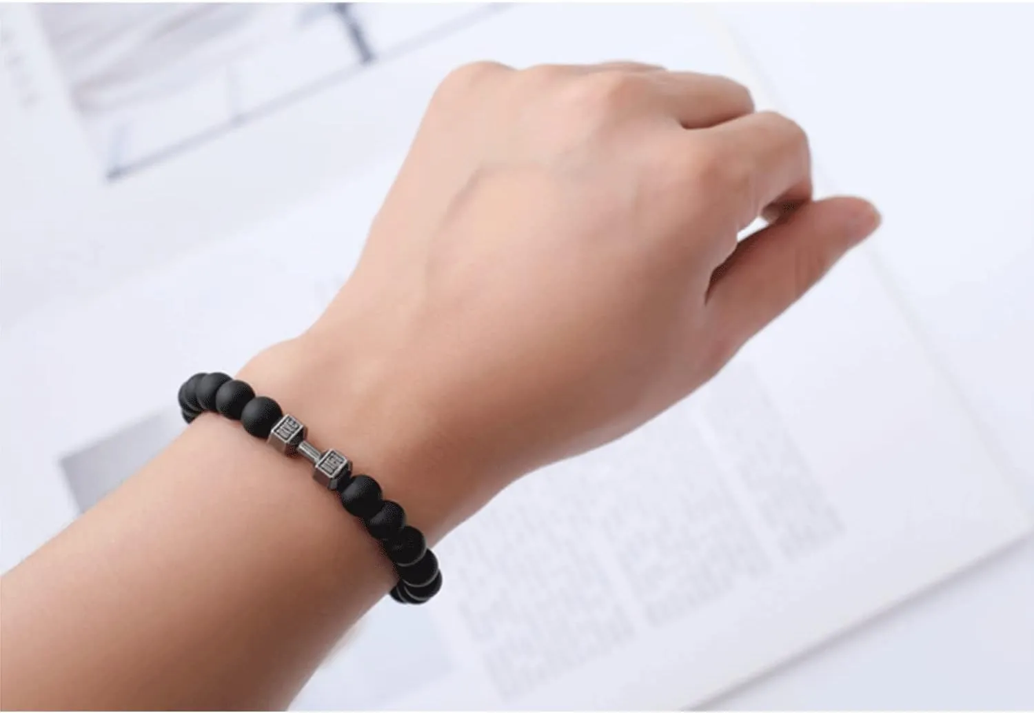Black Dumbbell Bracelet for Men Gym Bros Bracelet Volcanic Lava Stone Adjustable Natural Stone Beads Bracelet Fitness Barbell Jewelry for Men