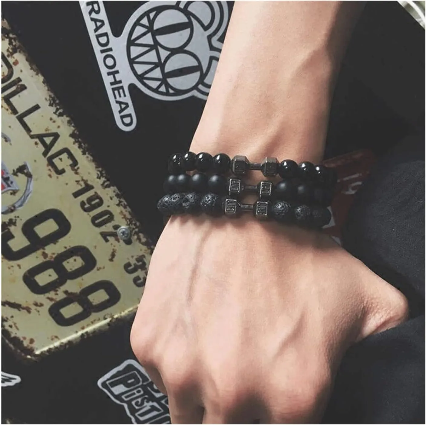 Black Dumbbell Bracelet for Men Gym Bros Bracelet Volcanic Lava Stone Adjustable Natural Stone Beads Bracelet Fitness Barbell Jewelry for Men