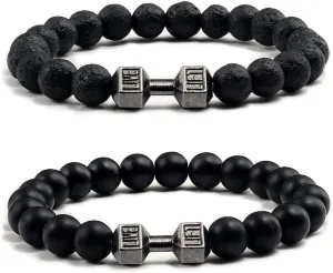 Black Dumbbell Bracelet for Men Gym Bros Bracelet Volcanic Lava Stone Adjustable Natural Stone Beads Bracelet Fitness Barbell Jewelry for Men