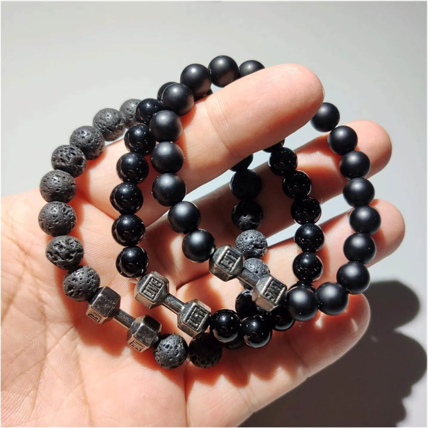 Black Dumbbell Bracelet for Men Gym Bros Bracelet Volcanic Lava Stone Adjustable Natural Stone Beads Bracelet Fitness Barbell Jewelry for Men