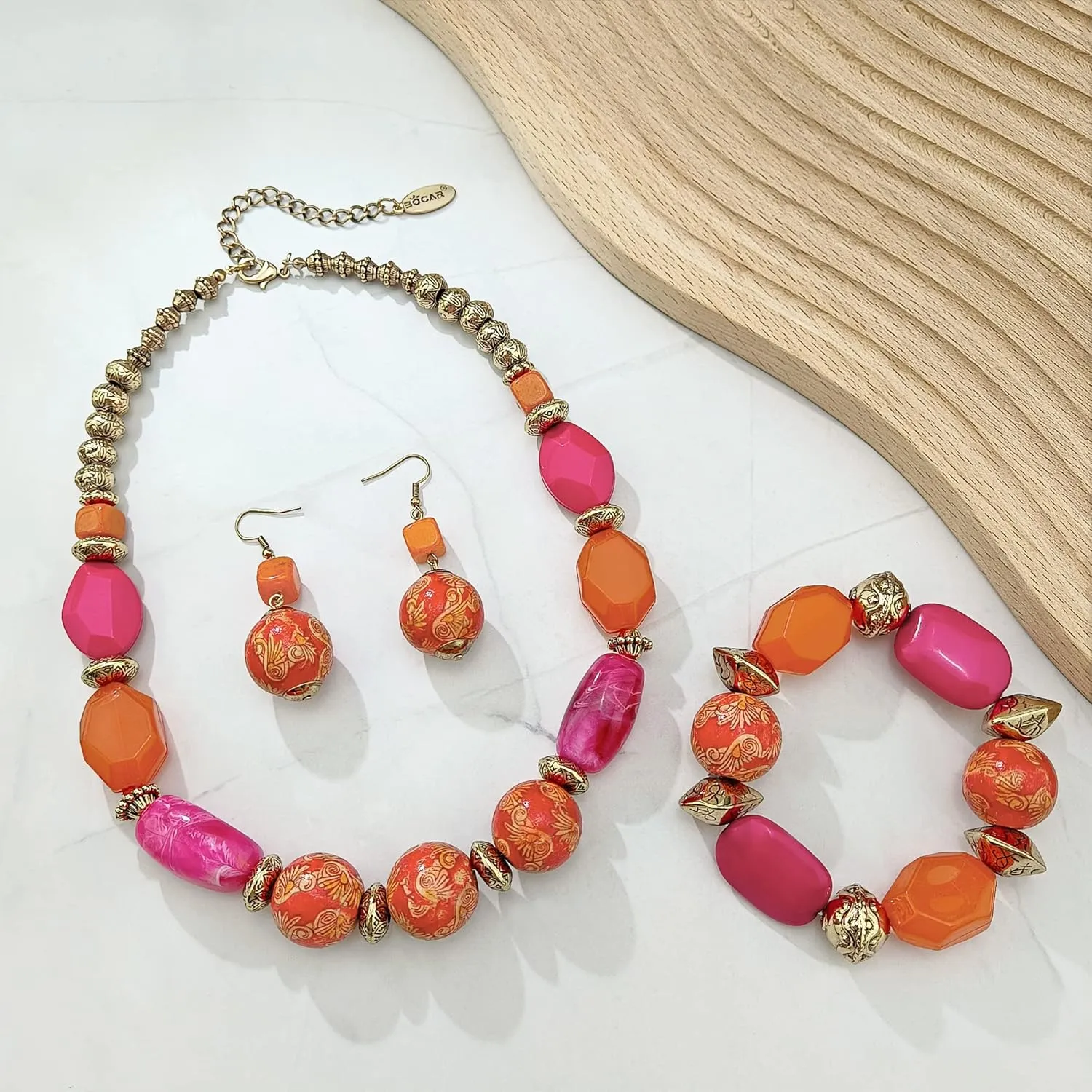 Bocar Chunky Wooden Beaded Collar Necklace Earrings Bracelet Handmade 3 Sets for Women Gift