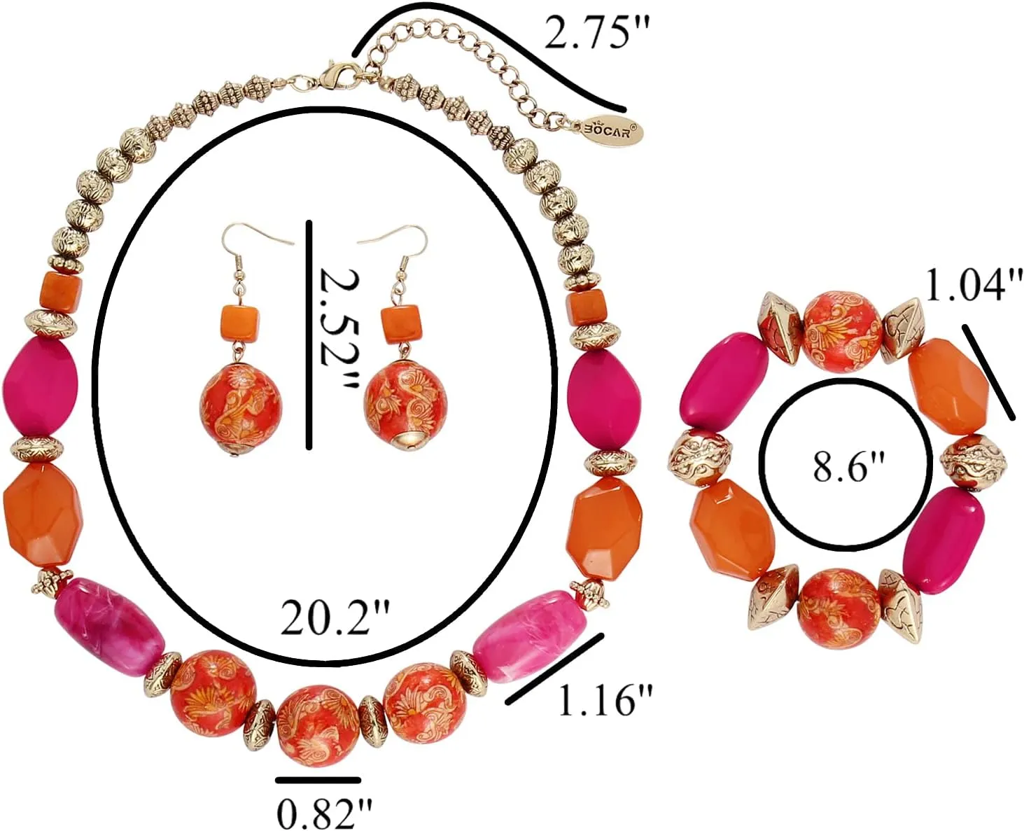Bocar Chunky Wooden Beaded Collar Necklace Earrings Bracelet Handmade 3 Sets for Women Gift
