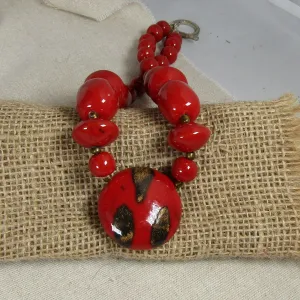Bold Bright Red Beaded Pendant Necklace Fair Trade Kazuri Bead