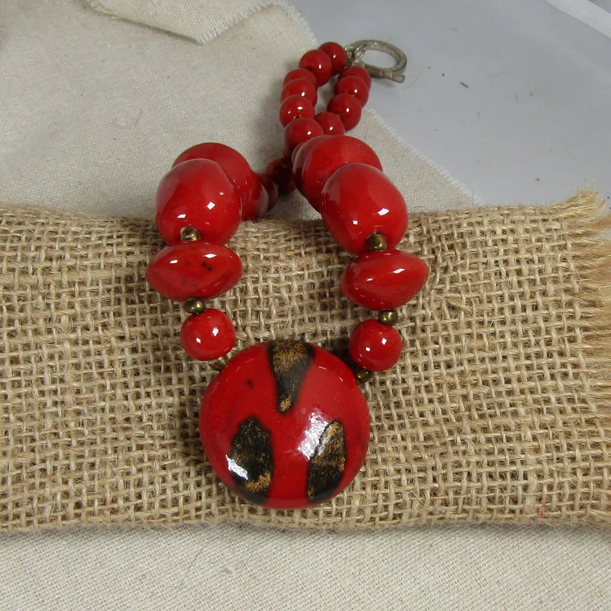 Bold Bright Red Beaded Pendant Necklace Fair Trade Kazuri Bead