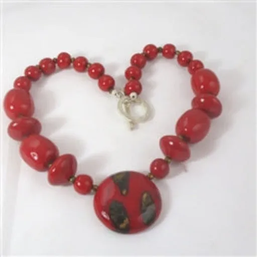 Bold Bright Red Beaded Pendant Necklace Fair Trade Kazuri Bead