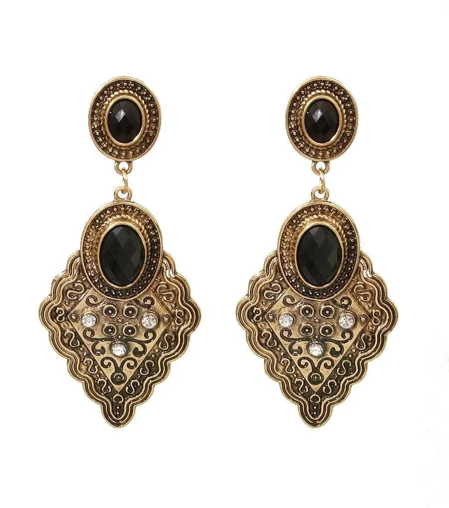 Burnished Gold Ornate V Dangle Earrings
