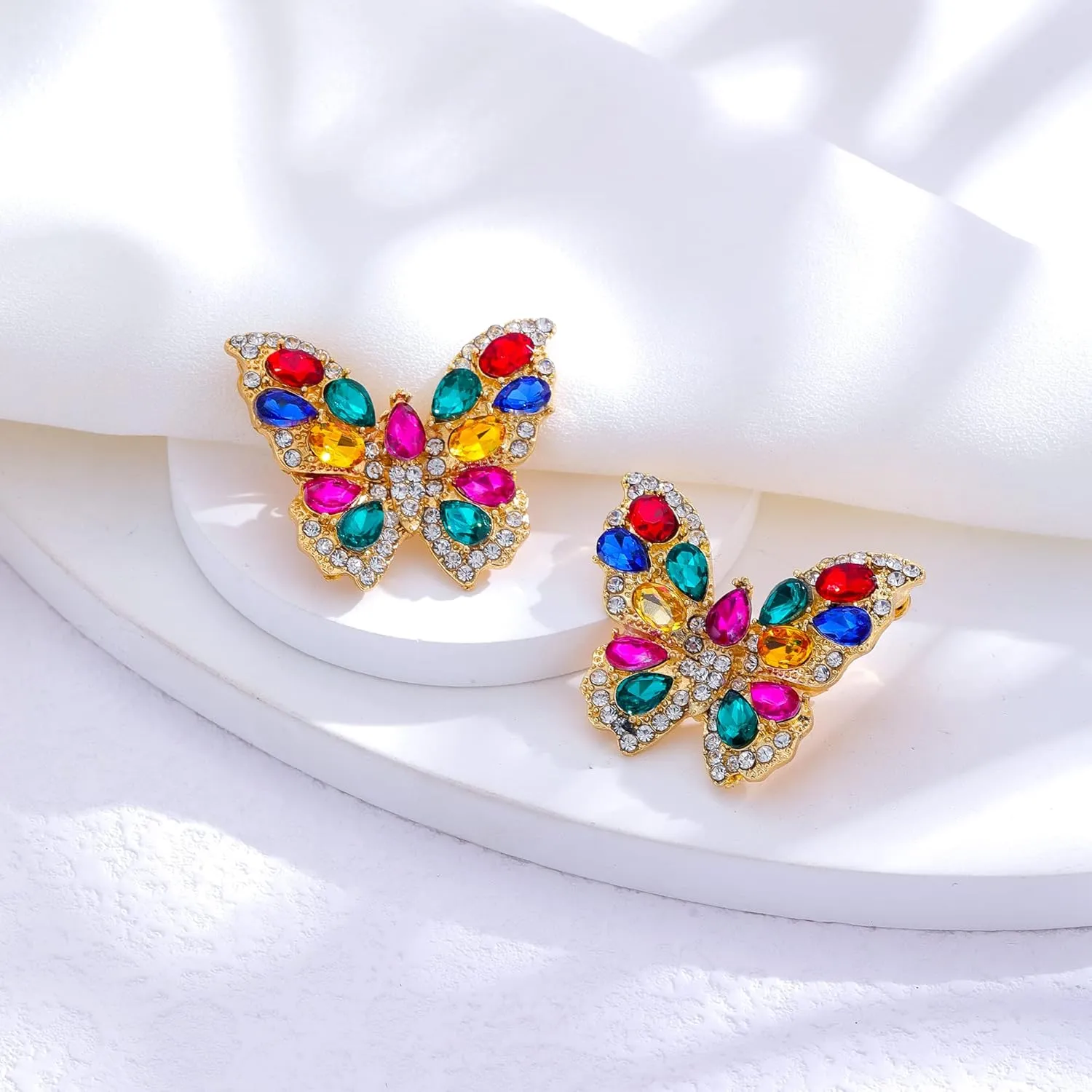 Butterfly Gold Clip on Earrings Statement Rhinestone Crystal Sparkly Clip on Earrings for Women Hypoallergenic Non-Pierced Clip on Dangle Earrings Women Birthday Xmas Valentine's Day Gifts
