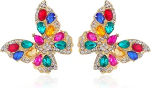 Butterfly Gold Clip on Earrings Statement Rhinestone Crystal Sparkly Clip on Earrings for Women Hypoallergenic Non-Pierced Clip on Dangle Earrings Women Birthday Xmas Valentine's Day Gifts