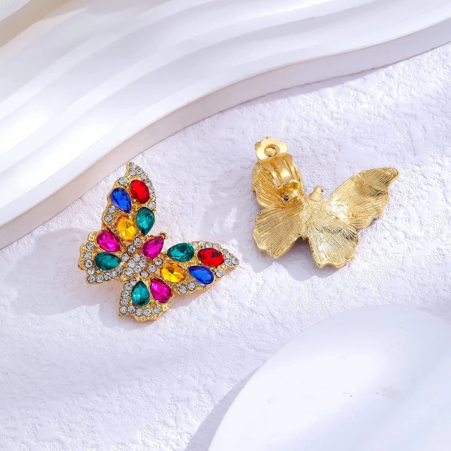 Butterfly Gold Clip on Earrings Statement Rhinestone Crystal Sparkly Clip on Earrings for Women Hypoallergenic Non-Pierced Clip on Dangle Earrings Women Birthday Xmas Valentine's Day Gifts