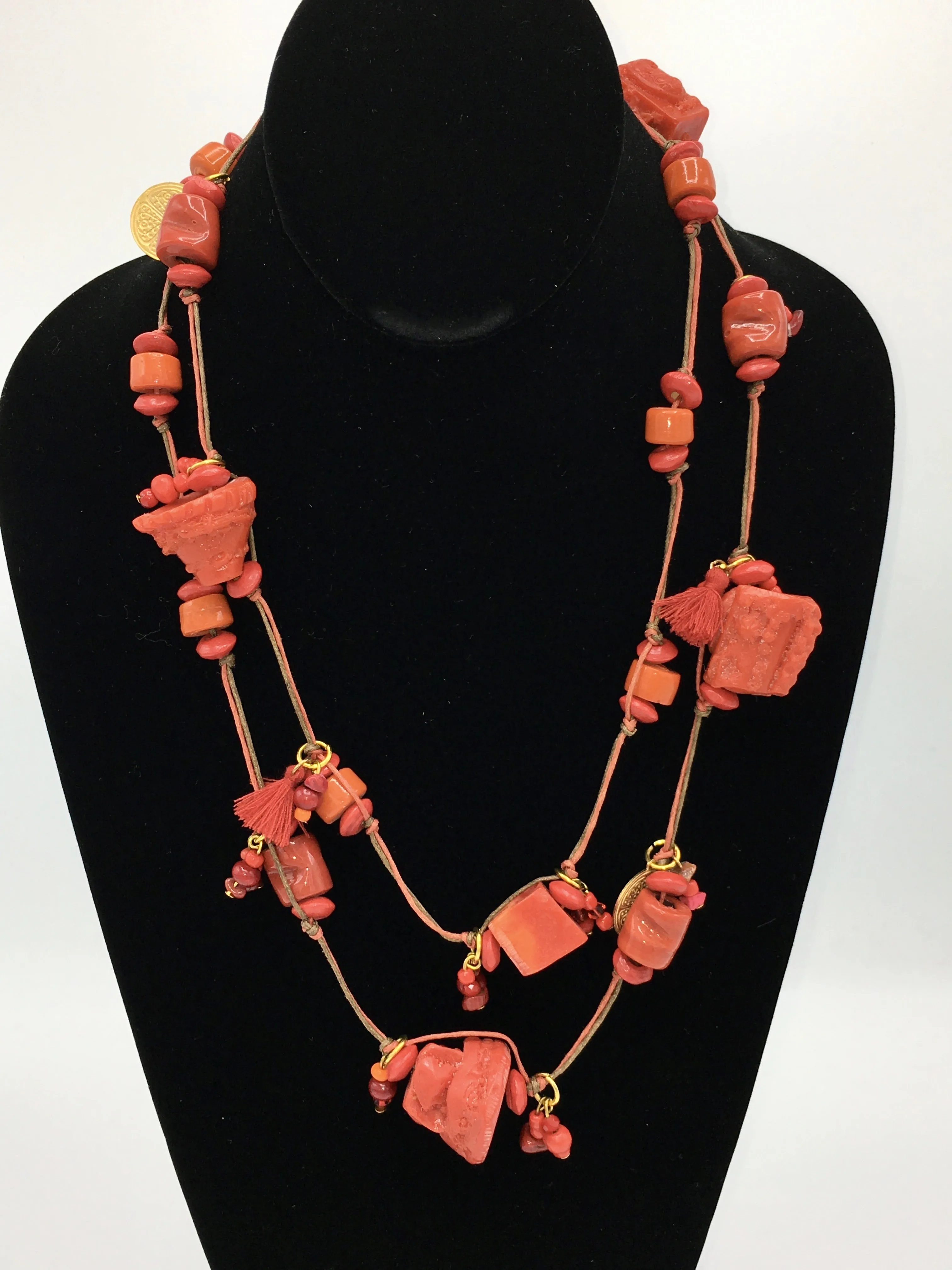 Candy Crunch Necklace: Orangey Red with Baubles & Tassels