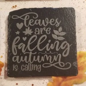 Coaster set, Autumn sayings, set of 4 engraved slate coasters with different sayings, Happy fall y'all, pumpkin spice, fall colors, falling leaves