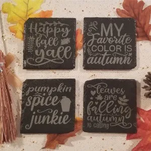 Coaster set, Autumn sayings, set of 4 engraved slate coasters with different sayings, Happy fall y'all, pumpkin spice, fall colors, falling leaves