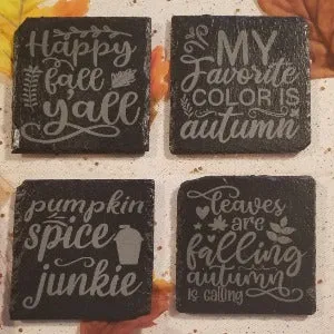 Coaster set, Autumn sayings, set of 4 engraved slate coasters with different sayings, Happy fall y'all, pumpkin spice, fall colors, falling leaves