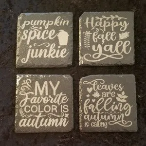 Coaster set, Autumn sayings, set of 4 engraved slate coasters with different sayings, Happy fall y'all, pumpkin spice, fall colors, falling leaves