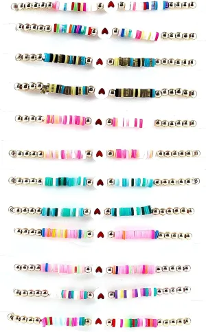 COLORFUL BLING 6Pcs/Pack Gold Beaded Bracelet Rainbow Vinyl Disc Ball Srting Stretch Heart Shaped Bracelets Cuff Bangle Set for Women Girls Jewelry