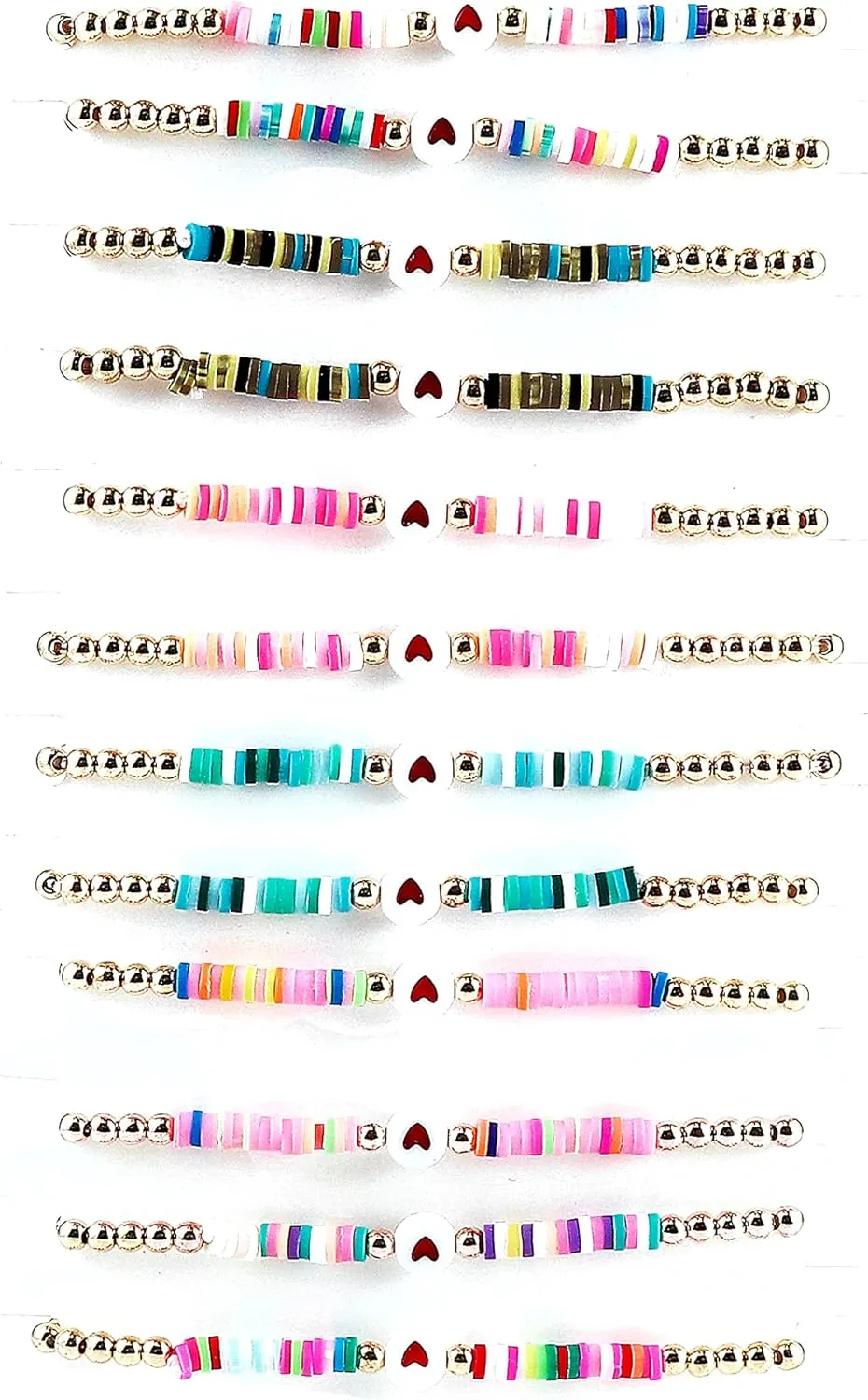 COLORFUL BLING 6Pcs/Pack Gold Beaded Bracelet Rainbow Vinyl Disc Ball Srting Stretch Heart Shaped Bracelets Cuff Bangle Set for Women Girls Jewelry