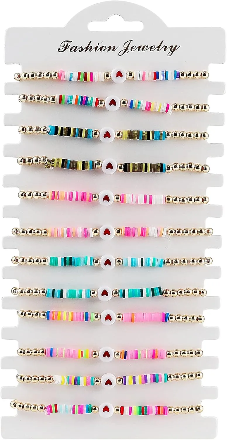 COLORFUL BLING 6Pcs/Pack Gold Beaded Bracelet Rainbow Vinyl Disc Ball Srting Stretch Heart Shaped Bracelets Cuff Bangle Set for Women Girls Jewelry