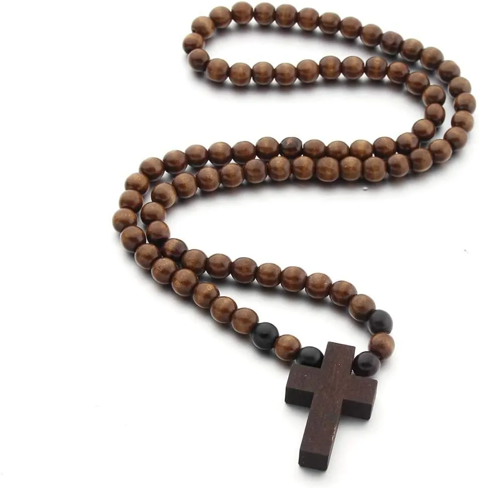 COLORFUL BLING Classic Natural Wood Beads Cross Pendant Necklace for Men Women Religious Rosary Jewelry Handmade Prayer Accessories