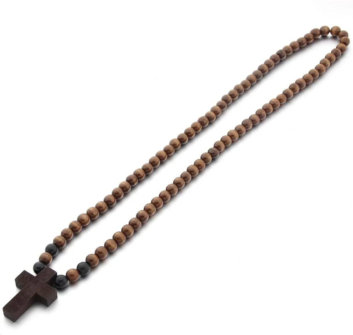 COLORFUL BLING Classic Natural Wood Beads Cross Pendant Necklace for Men Women Religious Rosary Jewelry Handmade Prayer Accessories