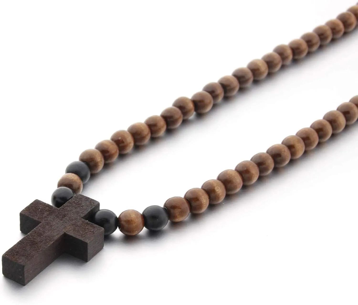 COLORFUL BLING Classic Natural Wood Beads Cross Pendant Necklace for Men Women Religious Rosary Jewelry Handmade Prayer Accessories