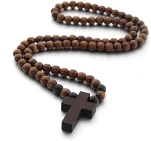 COLORFUL BLING Classic Natural Wood Beads Cross Pendant Necklace for Men Women Religious Rosary Jewelry Handmade Prayer Accessories