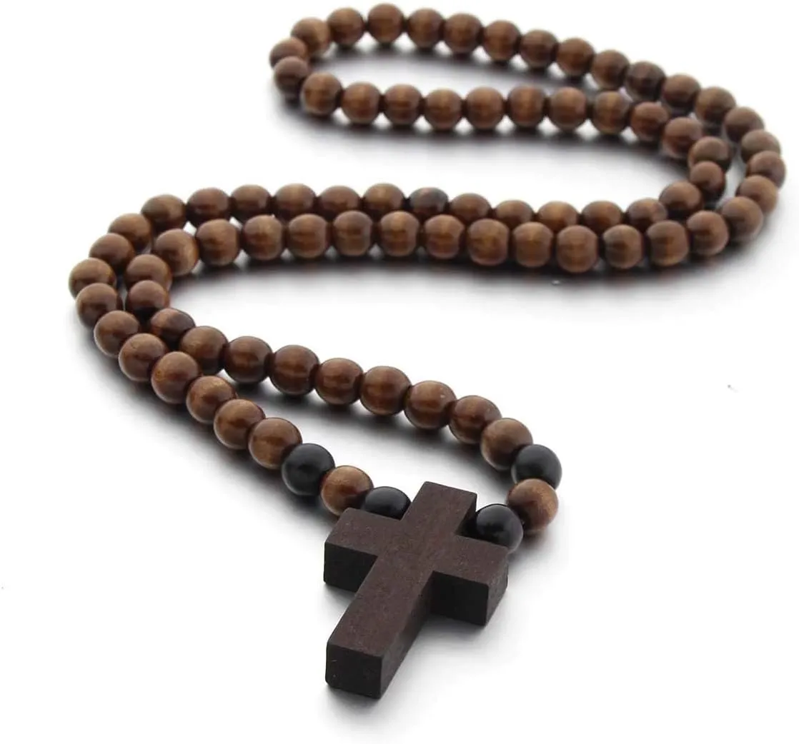 COLORFUL BLING Classic Natural Wood Beads Cross Pendant Necklace for Men Women Religious Rosary Jewelry Handmade Prayer Accessories
