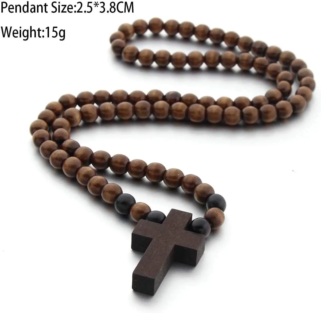 COLORFUL BLING Classic Natural Wood Beads Cross Pendant Necklace for Men Women Religious Rosary Jewelry Handmade Prayer Accessories
