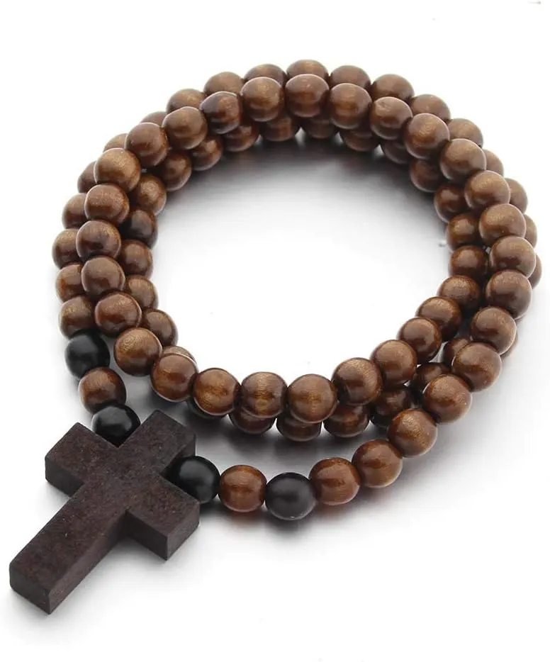 COLORFUL BLING Classic Natural Wood Beads Cross Pendant Necklace for Men Women Religious Rosary Jewelry Handmade Prayer Accessories