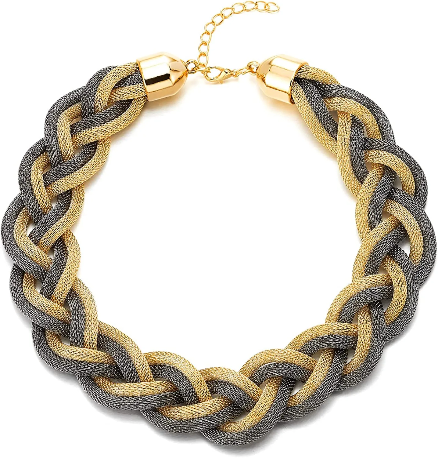 COOLSTEELANDBEYOND Statement Necklace, Large Bib Choker Necklace, Gold and Grey Braided Hollow Cable Mesh Collar, Dress Prom