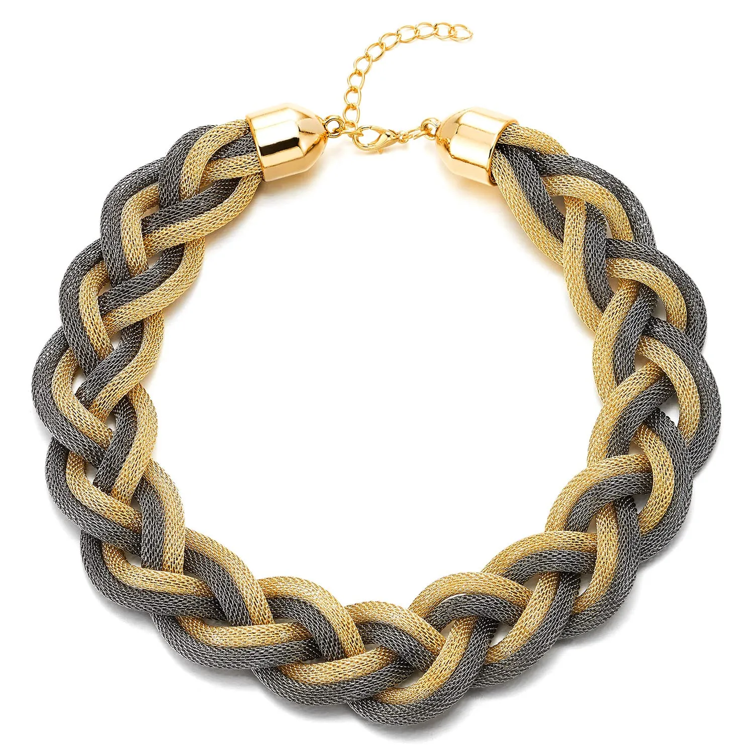 COOLSTEELANDBEYOND Statement Necklace, Large Bib Choker Necklace, Gold and Grey Braided Hollow Cable Mesh Collar, Dress Prom