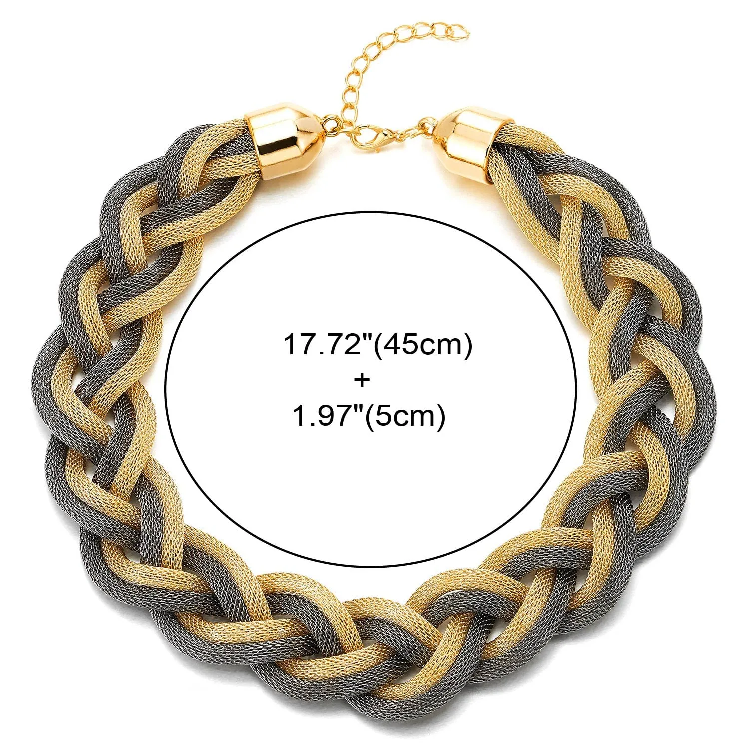 COOLSTEELANDBEYOND Statement Necklace, Large Bib Choker Necklace, Gold and Grey Braided Hollow Cable Mesh Collar, Dress Prom