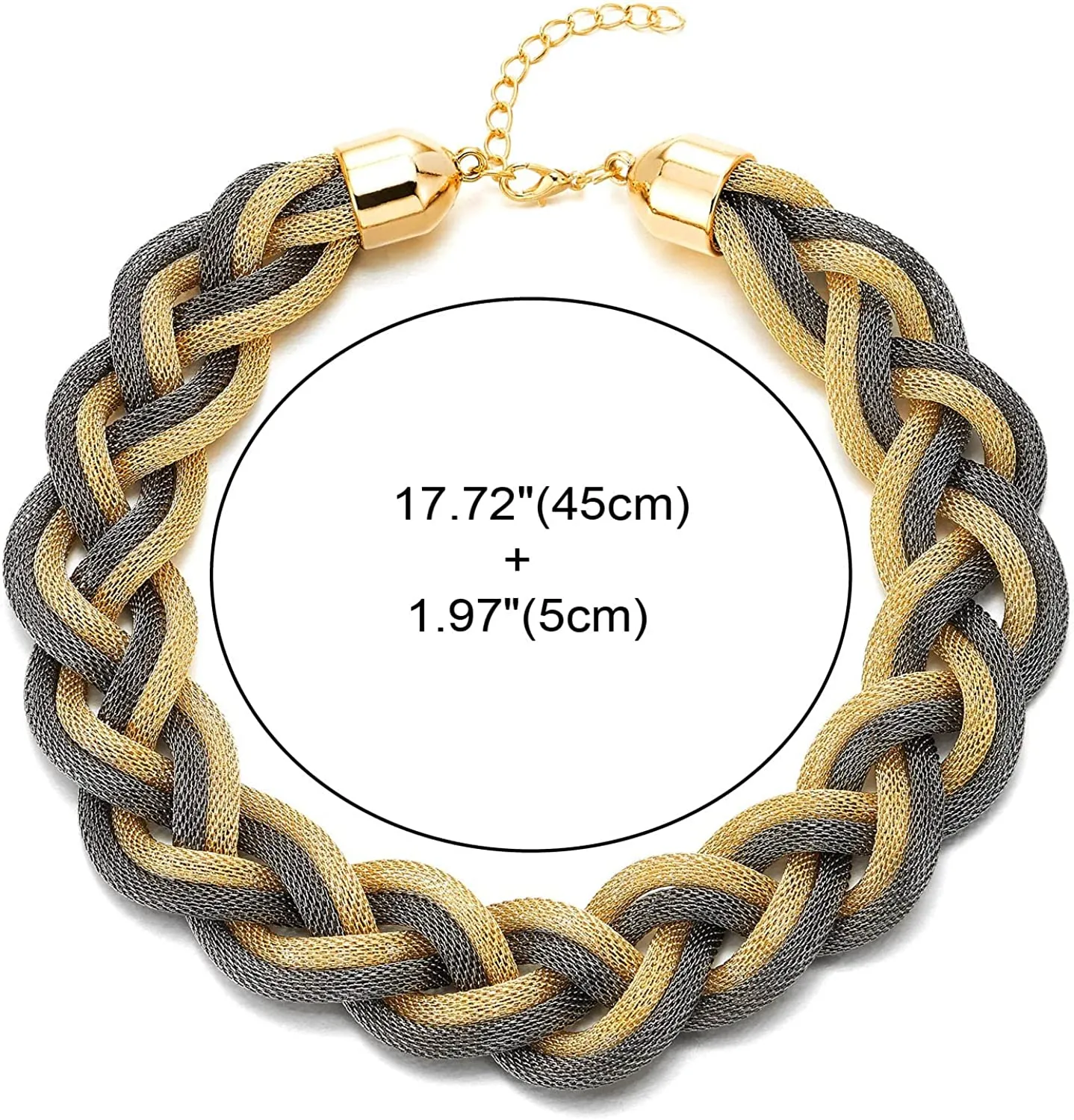 COOLSTEELANDBEYOND Statement Necklace, Large Bib Choker Necklace, Gold and Grey Braided Hollow Cable Mesh Collar, Dress Prom