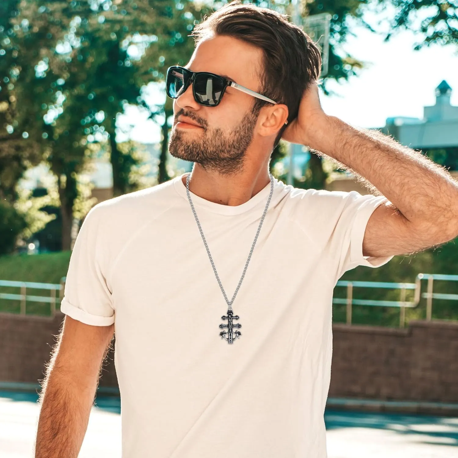 Cross Necklace for Men Stainless Steel Celtic/Orthodox/Armor of God Shield Viking Cross Pendant Crucifix Necklace Faith Christian Religious Jewelry for Him