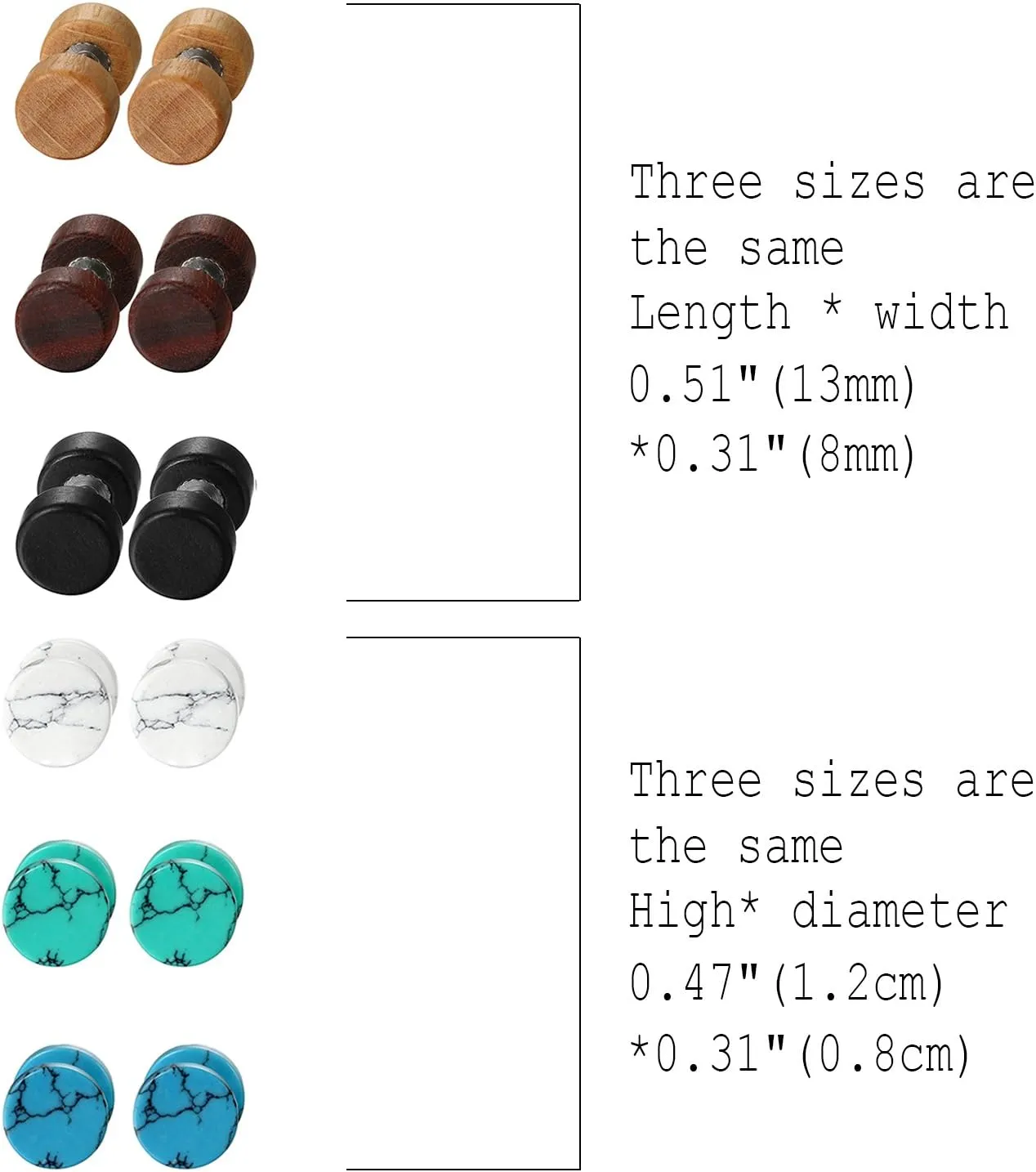 Cupimatch 6 Pairs 8MM Marble Stone Wood Screw Stud Earrings Set, Ear Piercing Plugs Faux Gauges Illusion Tunnel Earrings