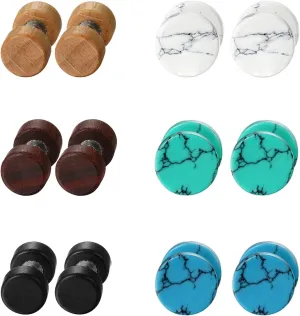 Cupimatch 6 Pairs 8MM Marble Stone Wood Screw Stud Earrings Set, Ear Piercing Plugs Faux Gauges Illusion Tunnel Earrings