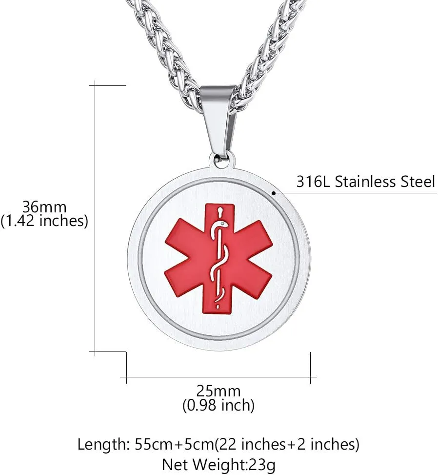 Custom4U Personalized Medical Alert Necklace for Men/Women Custom Made Engraved Emergency Med ID Dog Tag/Heart/Round Pendant Gold/Black/Stainless Steel with Chain 24 Inches