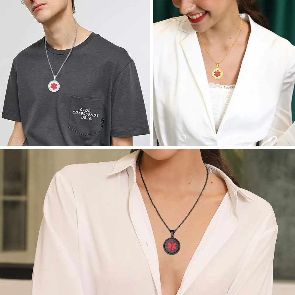 Custom4U Personalized Medical Alert Necklace for Men/Women Custom Made Engraved Emergency Med ID Dog Tag/Heart/Round Pendant Gold/Black/Stainless Steel with Chain 24 Inches