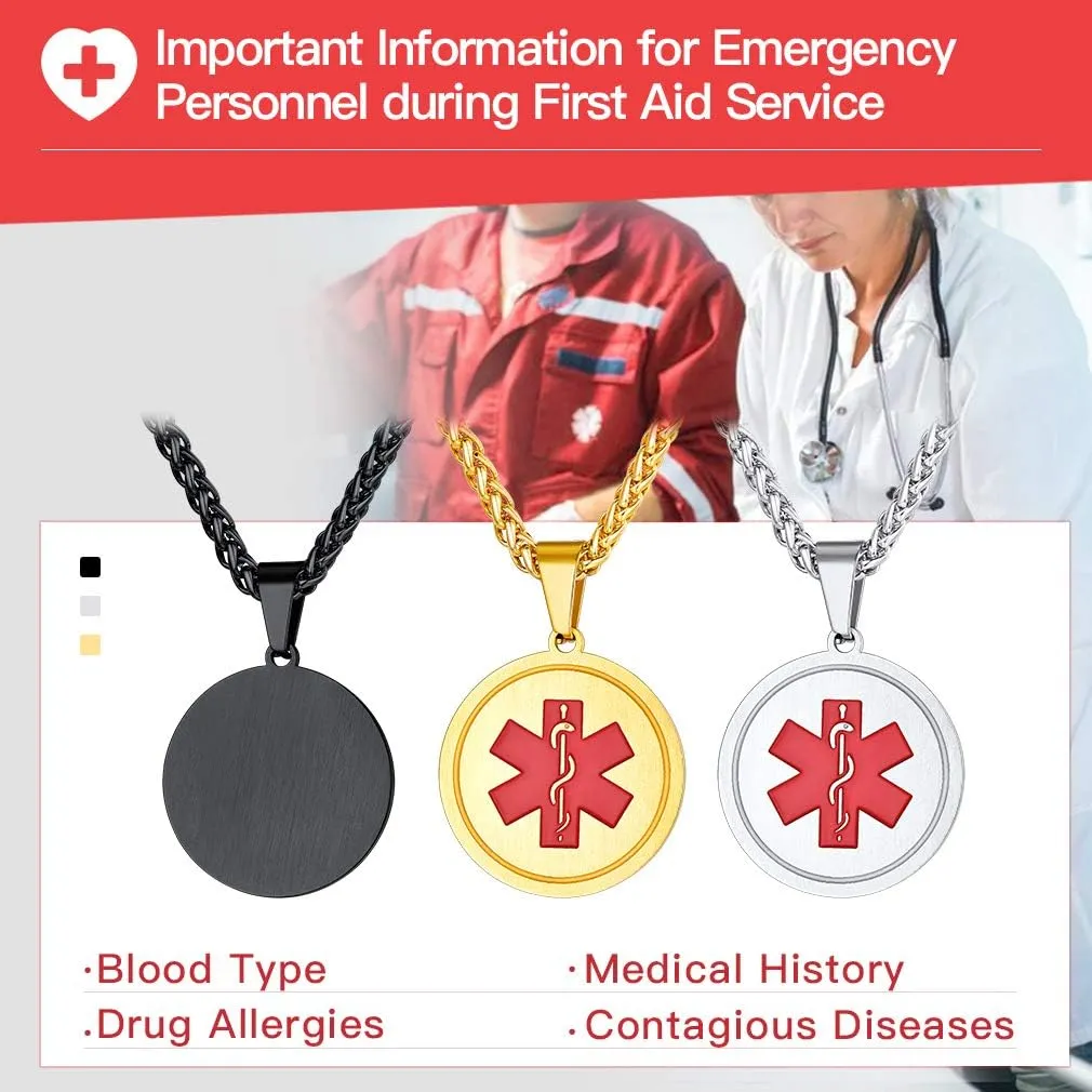 Custom4U Personalized Medical Alert Necklace for Men/Women Custom Made Engraved Emergency Med ID Dog Tag/Heart/Round Pendant Gold/Black/Stainless Steel with Chain 24 Inches