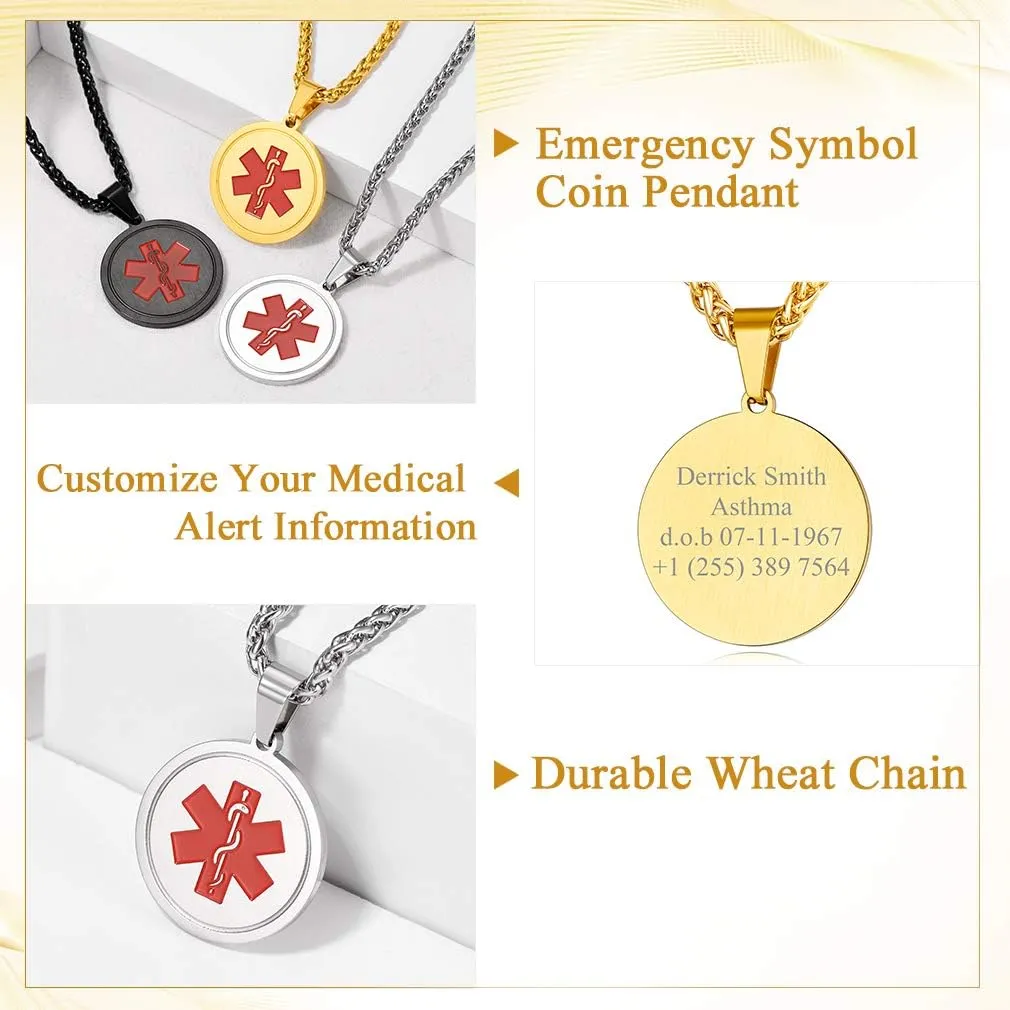 Custom4U Personalized Medical Alert Necklace for Men/Women Custom Made Engraved Emergency Med ID Dog Tag/Heart/Round Pendant Gold/Black/Stainless Steel with Chain 24 Inches