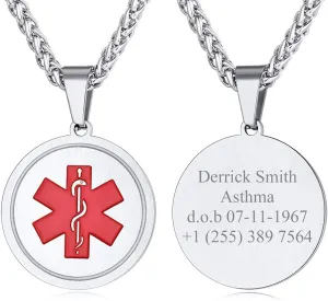 Custom4U Personalized Medical Alert Necklace for Men/Women Custom Made Engraved Emergency Med ID Dog Tag/Heart/Round Pendant Gold/Black/Stainless Steel with Chain 24 Inches