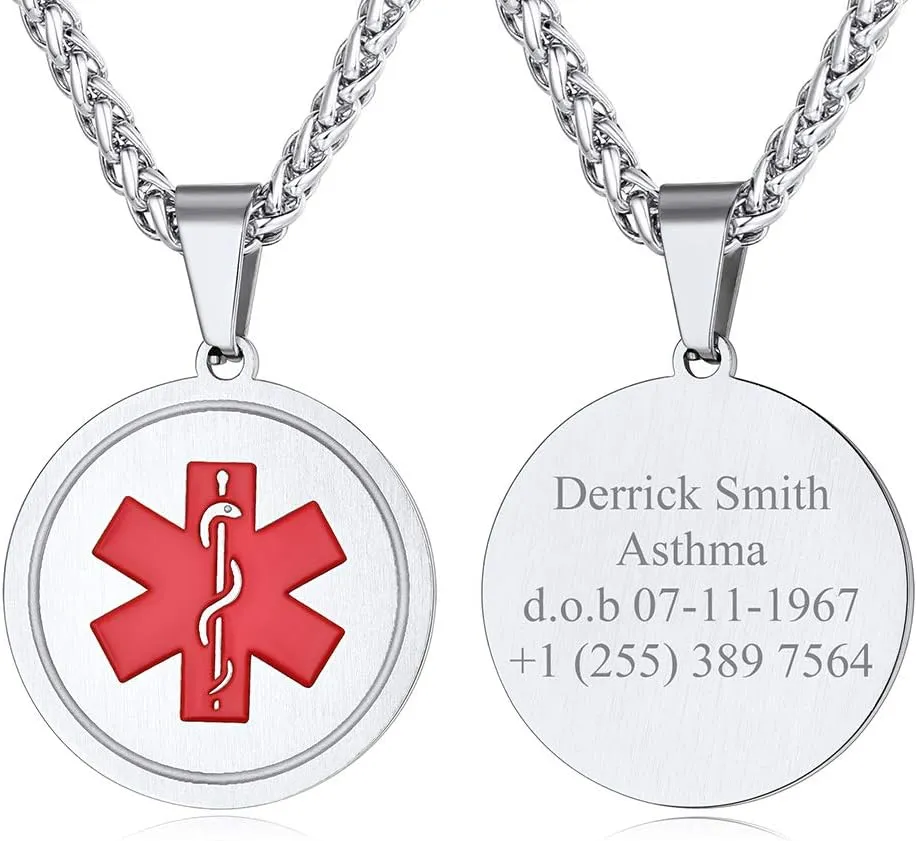 Custom4U Personalized Medical Alert Necklace for Men/Women Custom Made Engraved Emergency Med ID Dog Tag/Heart/Round Pendant Gold/Black/Stainless Steel with Chain 24 Inches