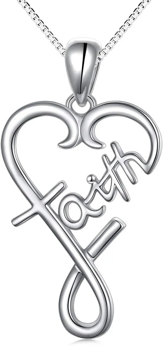 DAOCHONG S925 Sterling Silver Word Calligraphy Jewelry Faith Inspirational Message Charm Love Heart Pendant Necklace For Women Men,18 inches