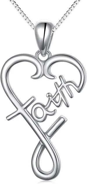 DAOCHONG S925 Sterling Silver Word Calligraphy Jewelry Faith Inspirational Message Charm Love Heart Pendant Necklace For Women Men,18 inches