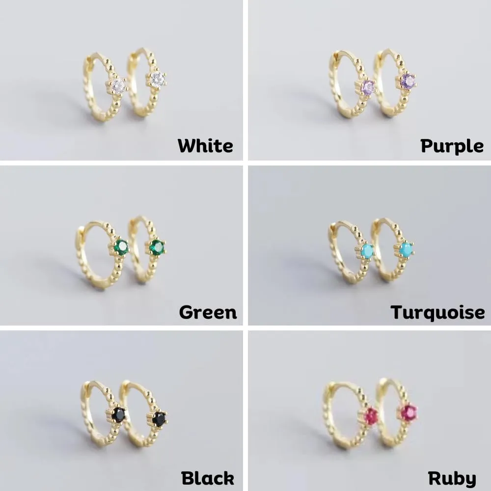 Fine 925 Sterling Silver Minimalist Hoop Earrings (White, Black Zircon)