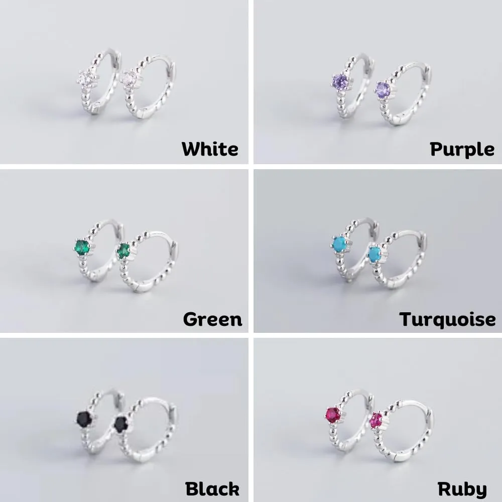 Fine 925 Sterling Silver Minimalist Hoop Earrings (White, Black Zircon)