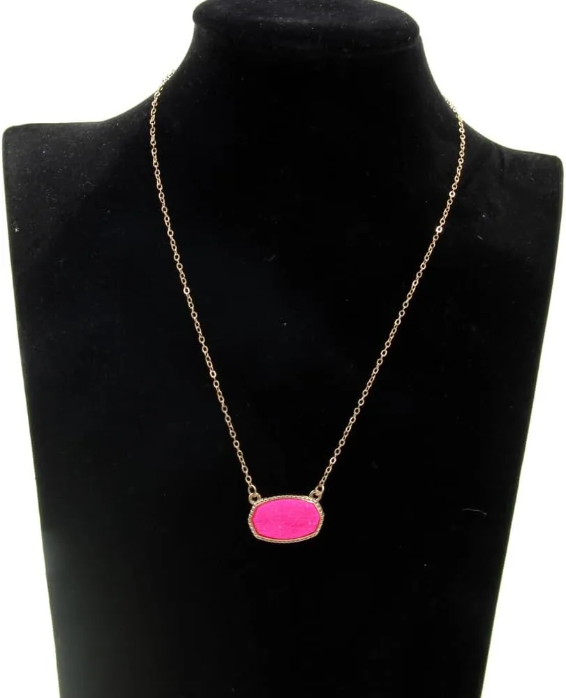 Framed Etched Oval Faux Druzy Glitter Statement Short Necklace for Girls and Women Outfit Jewelry