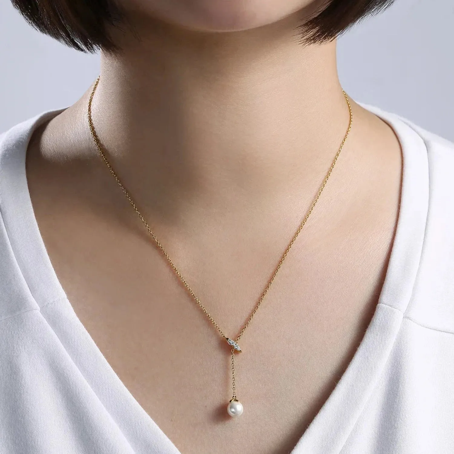Gabriel & Co. Diamond Bar "Y" Necklace with Cultured Pearl Drop