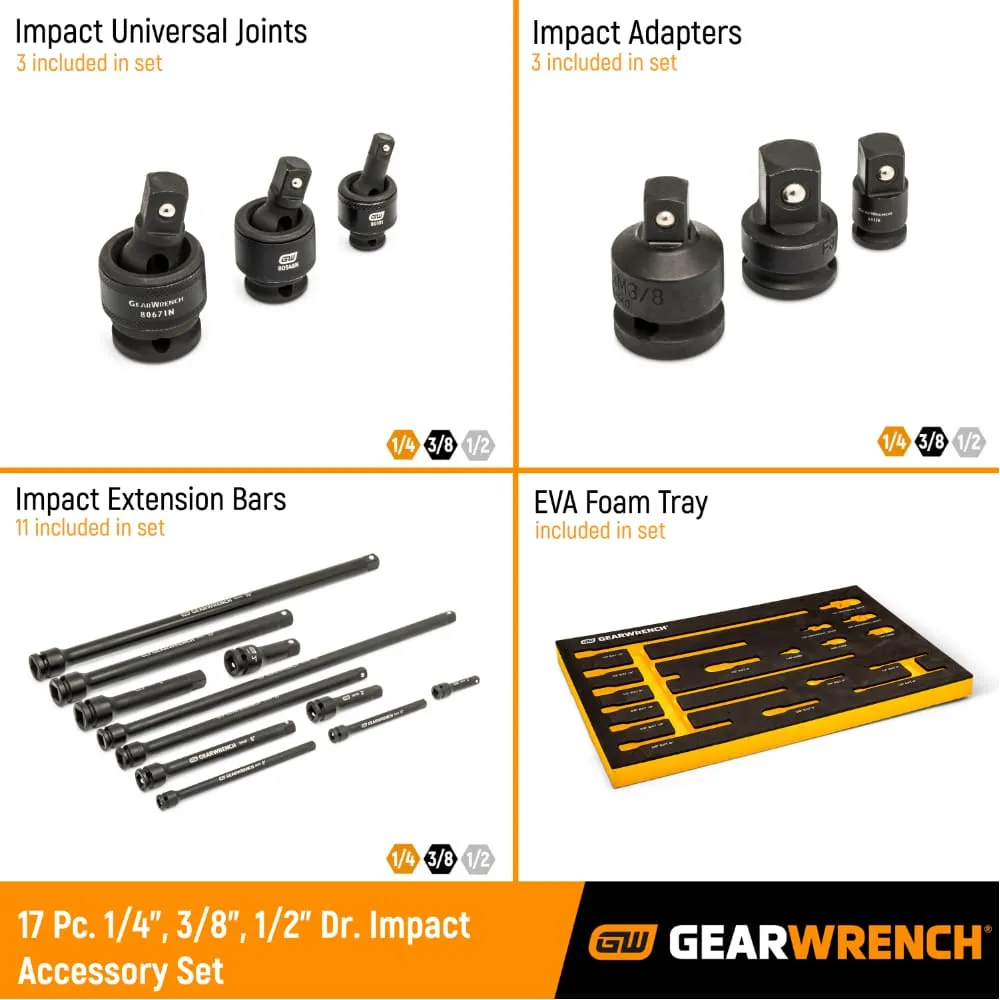 GearWrench 86524 17 pc. 1/4", 3/8", 1/2" Impact Drive Tool Accessories Set with EVA Foam Tray
