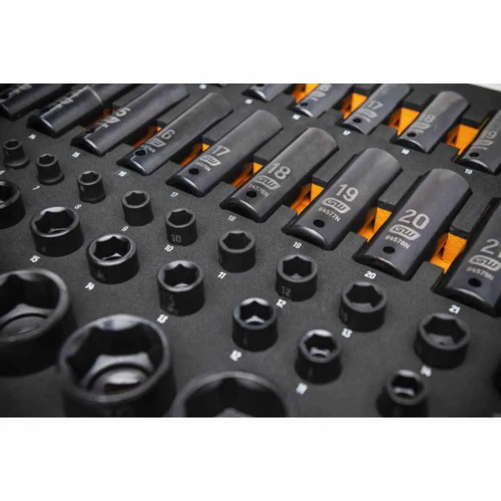 Gearwrench GWMSISKMM 66 Pc. 1/4”, 3/8”, 1/2” Drive 6 Point Metric Impact Socket Set in Foam Storage Tray