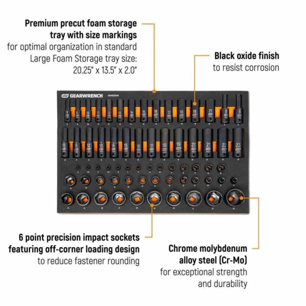 Gearwrench GWMSISKMM 66 Pc. 1/4”, 3/8”, 1/2” Drive 6 Point Metric Impact Socket Set in Foam Storage Tray